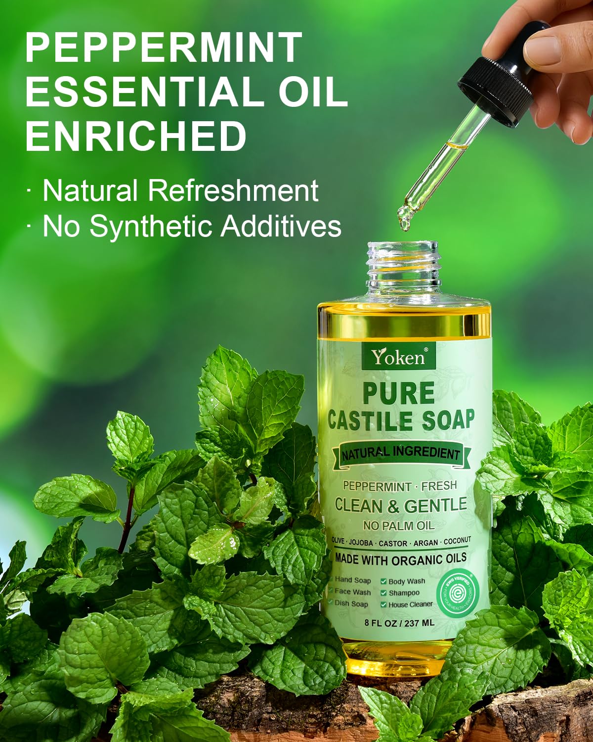 Yoken Peppermint Castile Soap Liquid (EWG Verified, 32 OZ) Made with Certified Organic Oils, Gentle Peppermint Soap for Body Wash, Face, Hands, Dishes, Laundry & More, Vegan Natural Versatile Cleanser
