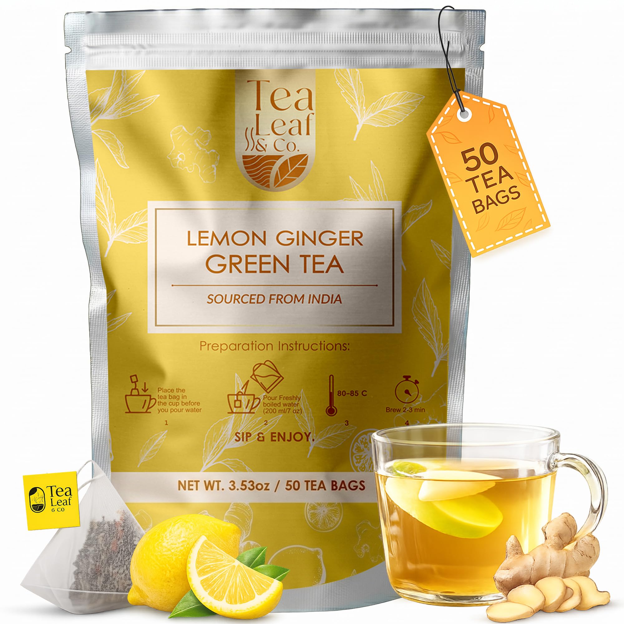 Tea Leaf & Co. Mint Green Tea Bags (50), Green Tea w/ Peppermint & Spearmint, Caffeinated, Real & Natural Green Tea, Blended with Fresh Herbs & Spices