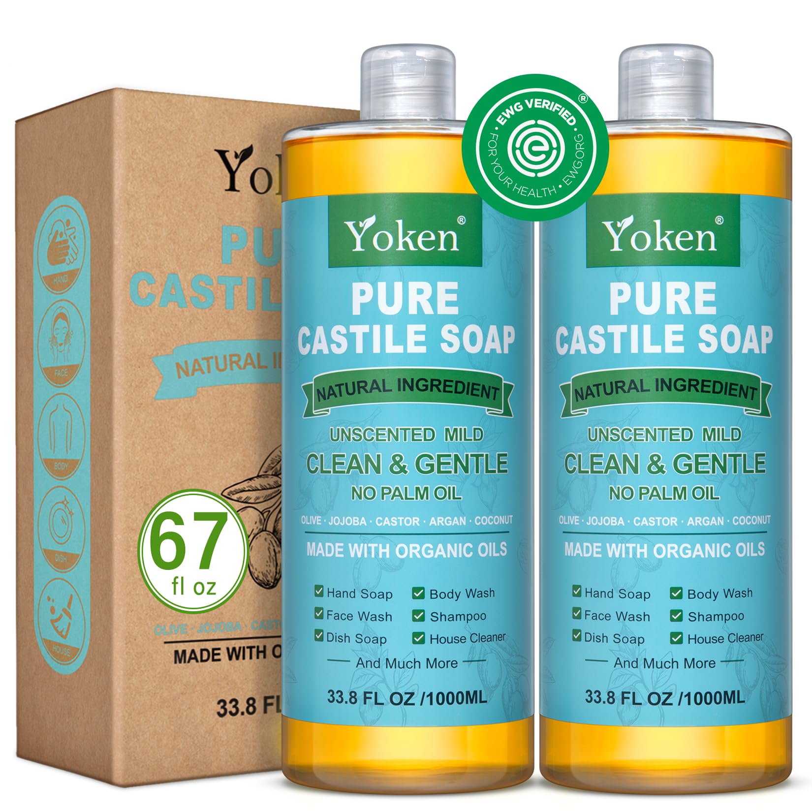 Yoken Peppermint Castile Soap Liquid (EWG Verified, 32 OZ) Made with Certified Organic Oils, Gentle Peppermint Soap for Body Wash, Face, Hands, Dishes, Laundry & More, Vegan Natural Versatile Cleanser