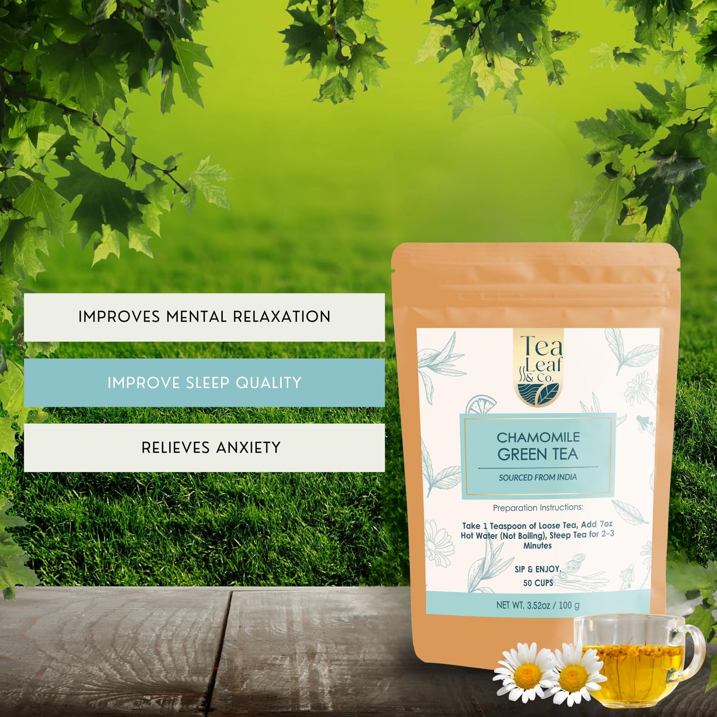 Tea Leaf & Co. Mint Green Tea Bags (50), Green Tea w/ Peppermint & Spearmint, Caffeinated, Real & Natural Green Tea, Blended with Fresh Herbs & Spices