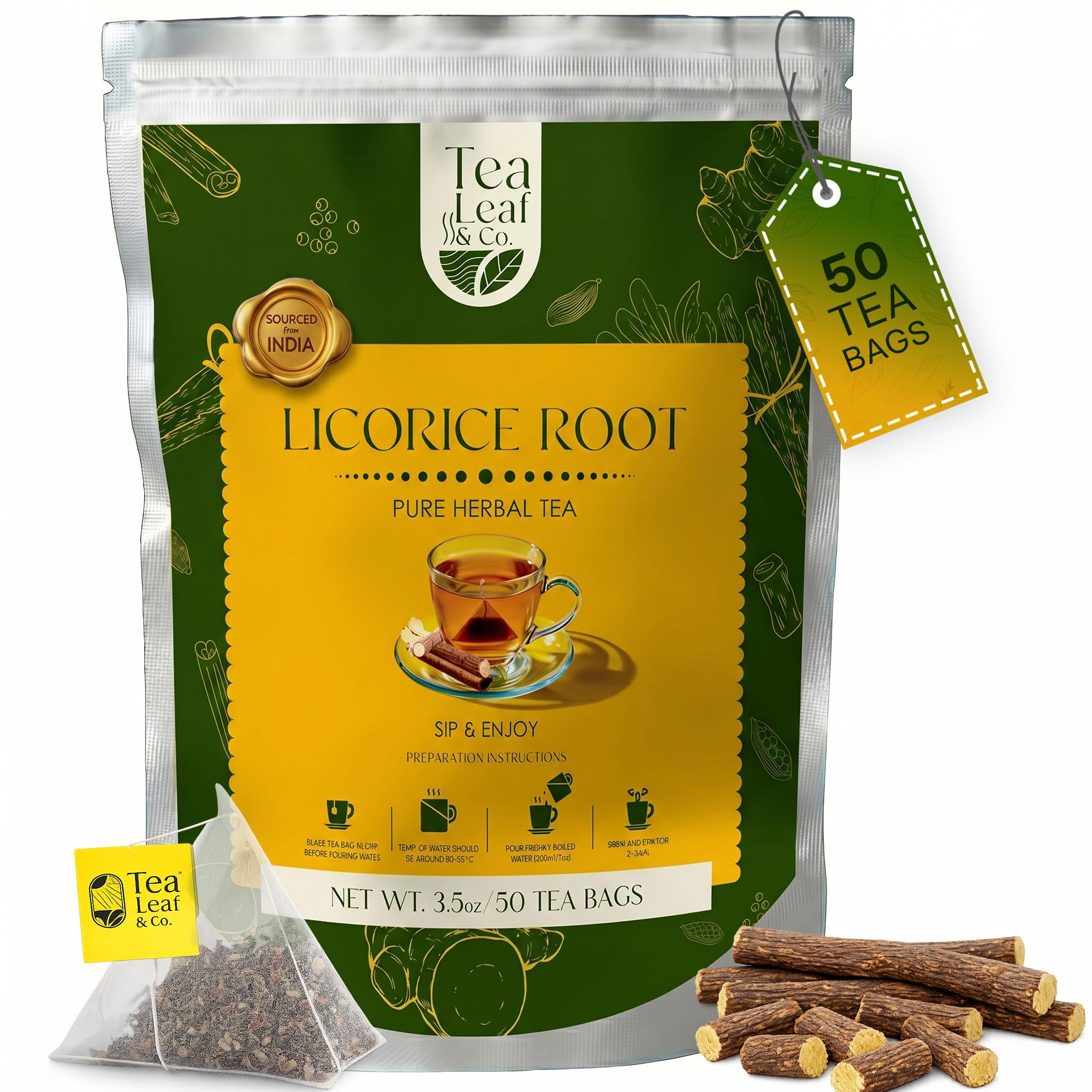 Tea Leaf & Co. Mint Green Tea Bags (50), Green Tea w/ Peppermint & Spearmint, Caffeinated, Real & Natural Green Tea, Blended with Fresh Herbs & Spices