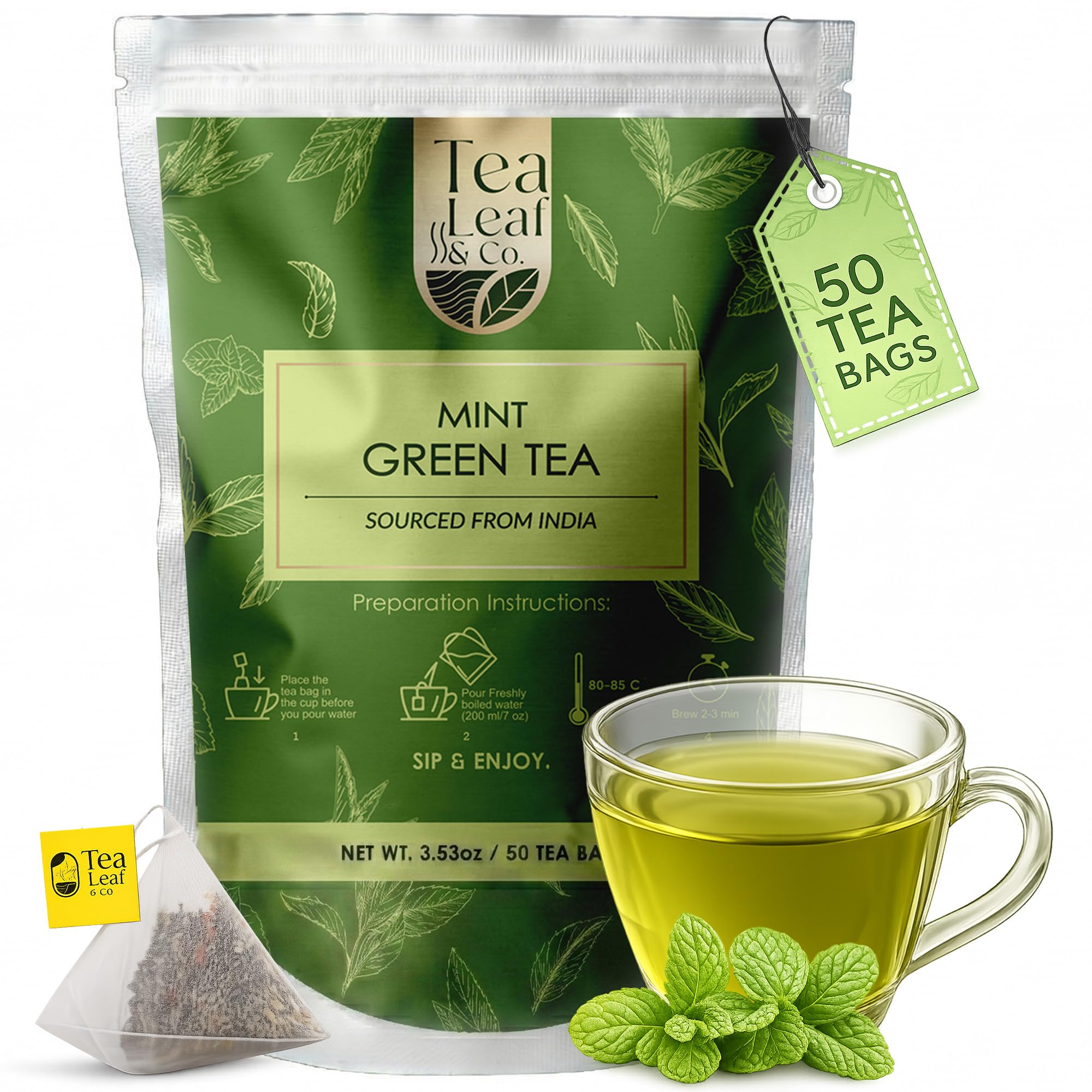 Tea Leaf & Co. Mint Green Tea Bags (50), Green Tea w/ Peppermint & Spearmint, Caffeinated, Real & Natural Green Tea, Blended with Fresh Herbs & Spices