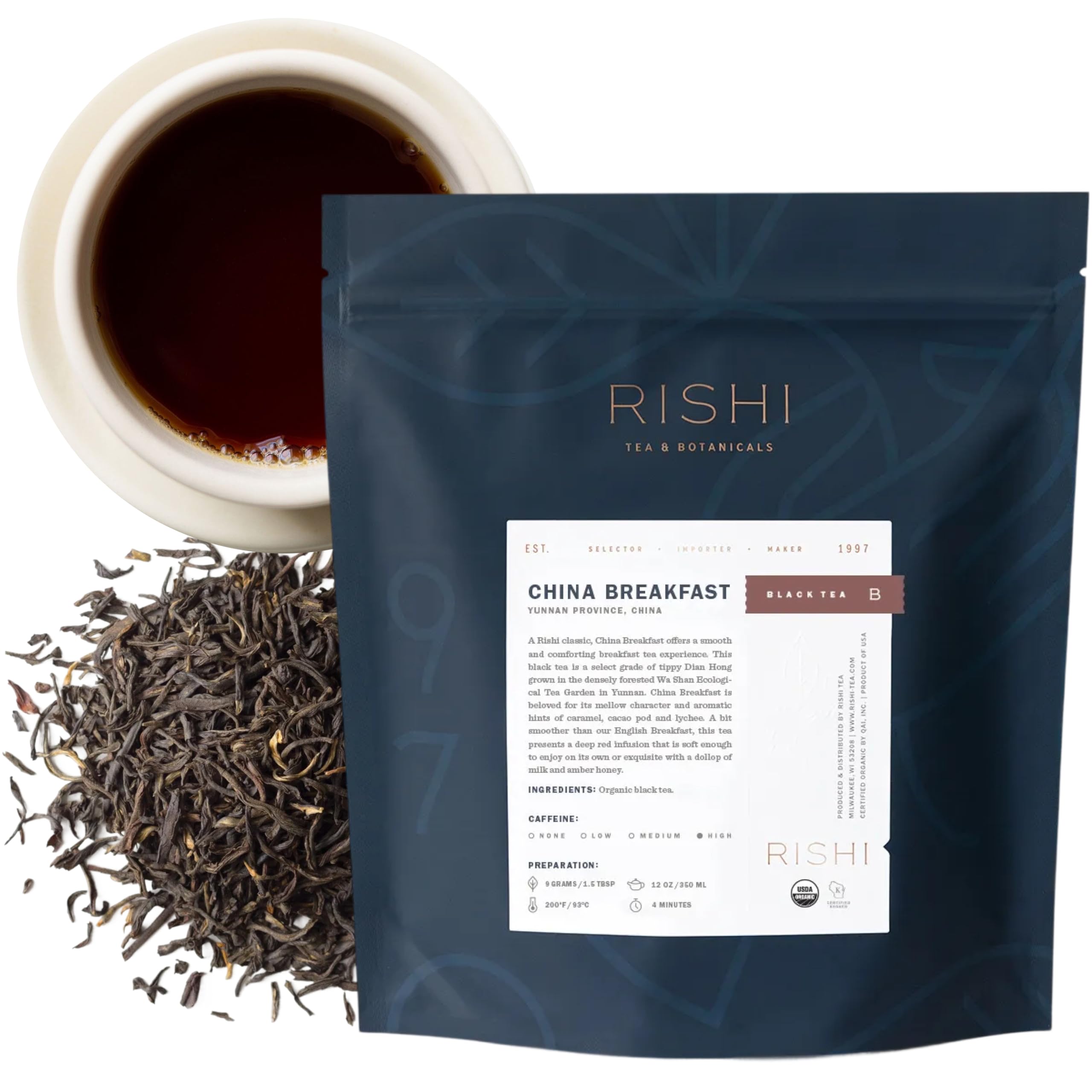 Rishi Tea China Breakfast Black Loose Leaf Tea - Organic, Robust & Caffeinated, Enjoy Hot or Iced - 4 Ounces, 12+ Servings
