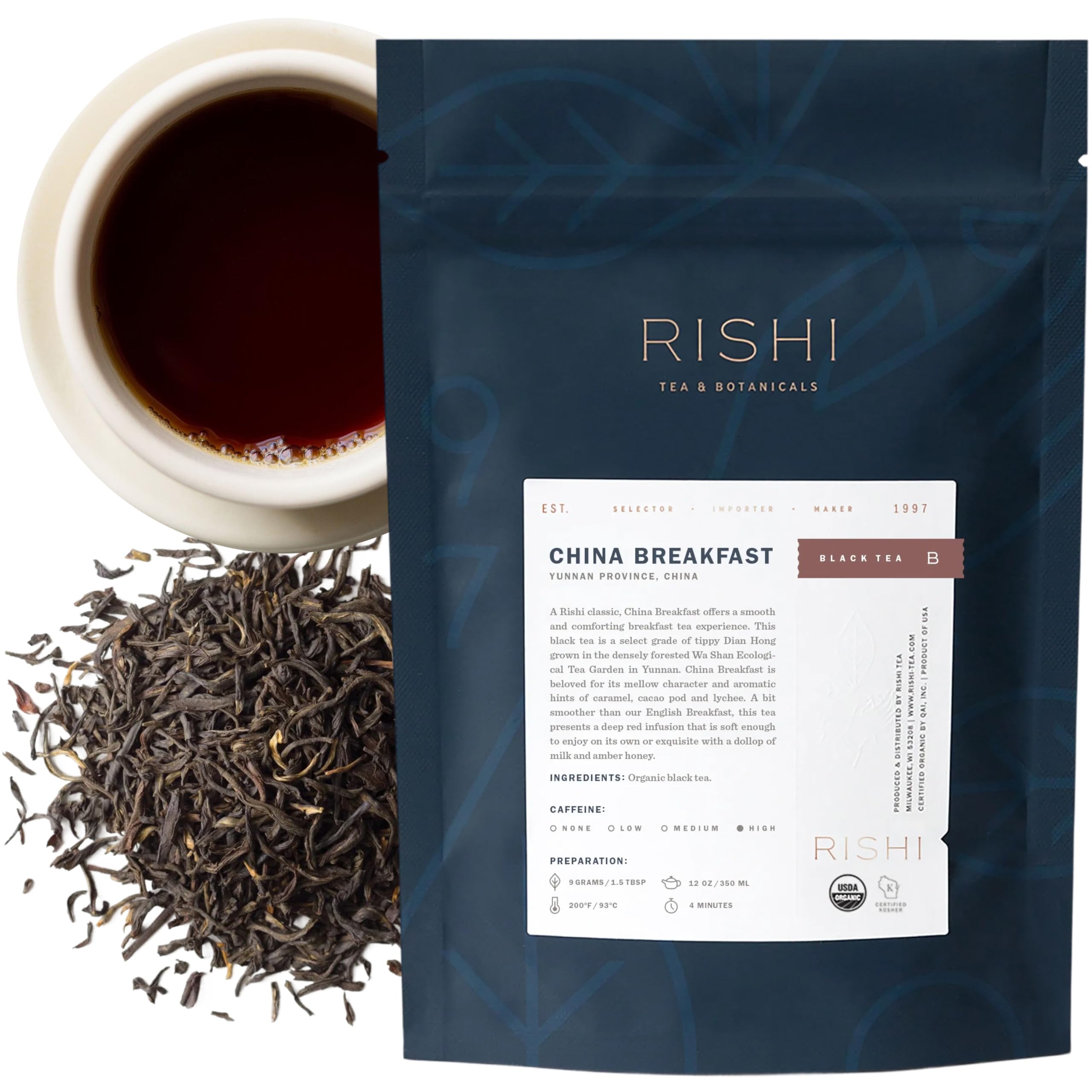 Rishi Tea China Breakfast Black Loose Leaf Tea - Organic, Robust & Caffeinated, Enjoy Hot or Iced - 4 Ounces, 12+ Servings